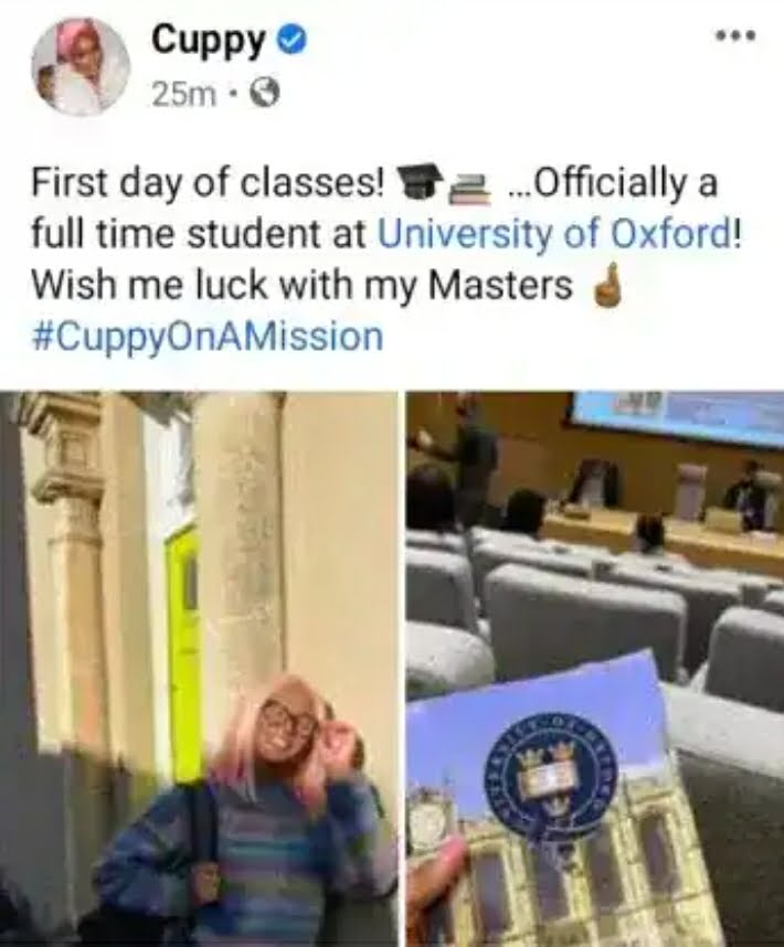 DJ Cuppy starts classes at University of Oxford - "First day of classes!"