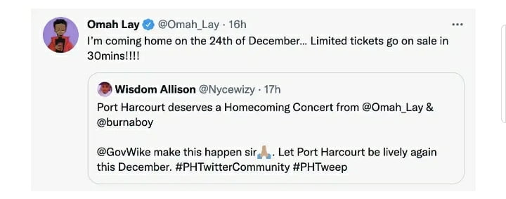 On December 24, Omah Lay will perform in Port Harcourt for fans.