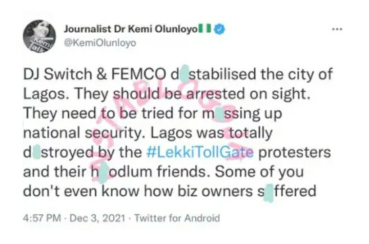 DJ Switch should be arrested and prosecuted for causing unrest in Lagos — Kemi Olunloyo is a Nigerian actress.