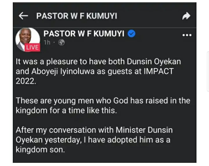 Pastor Kumuyi reveals that he has adopted Dunsin Oyekan as a Kingdom Son.