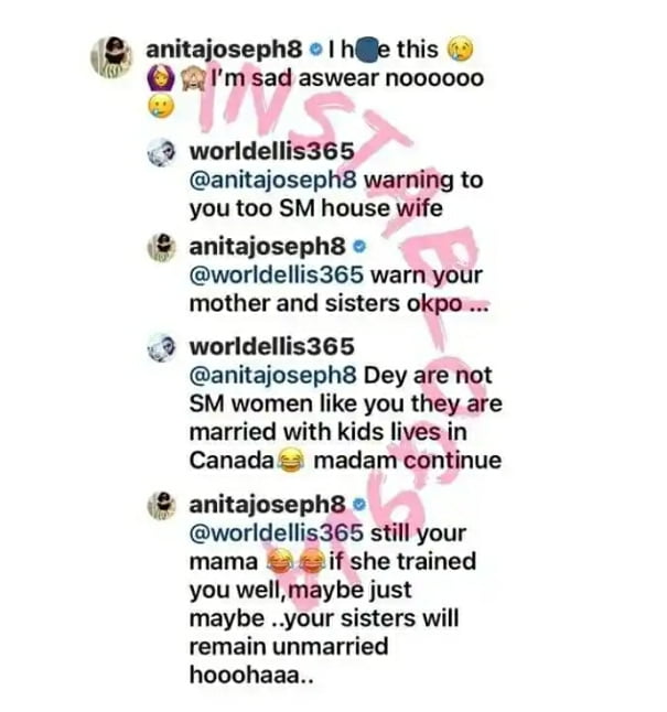 After commenting on Sandra Iheuwa's marital woes, Anita Joseph knocks a troll who advised her against SM.