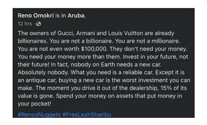 'The Worst Investment You Can Make Is Buying A New Car' Reno Omokri 
